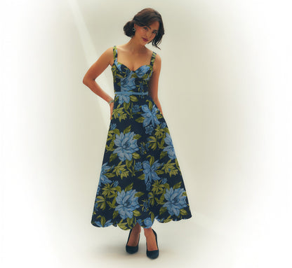 Floral Jacquard Sweetheart Scalloped Ankle Dress - Blue Multi | Adrianna Papell