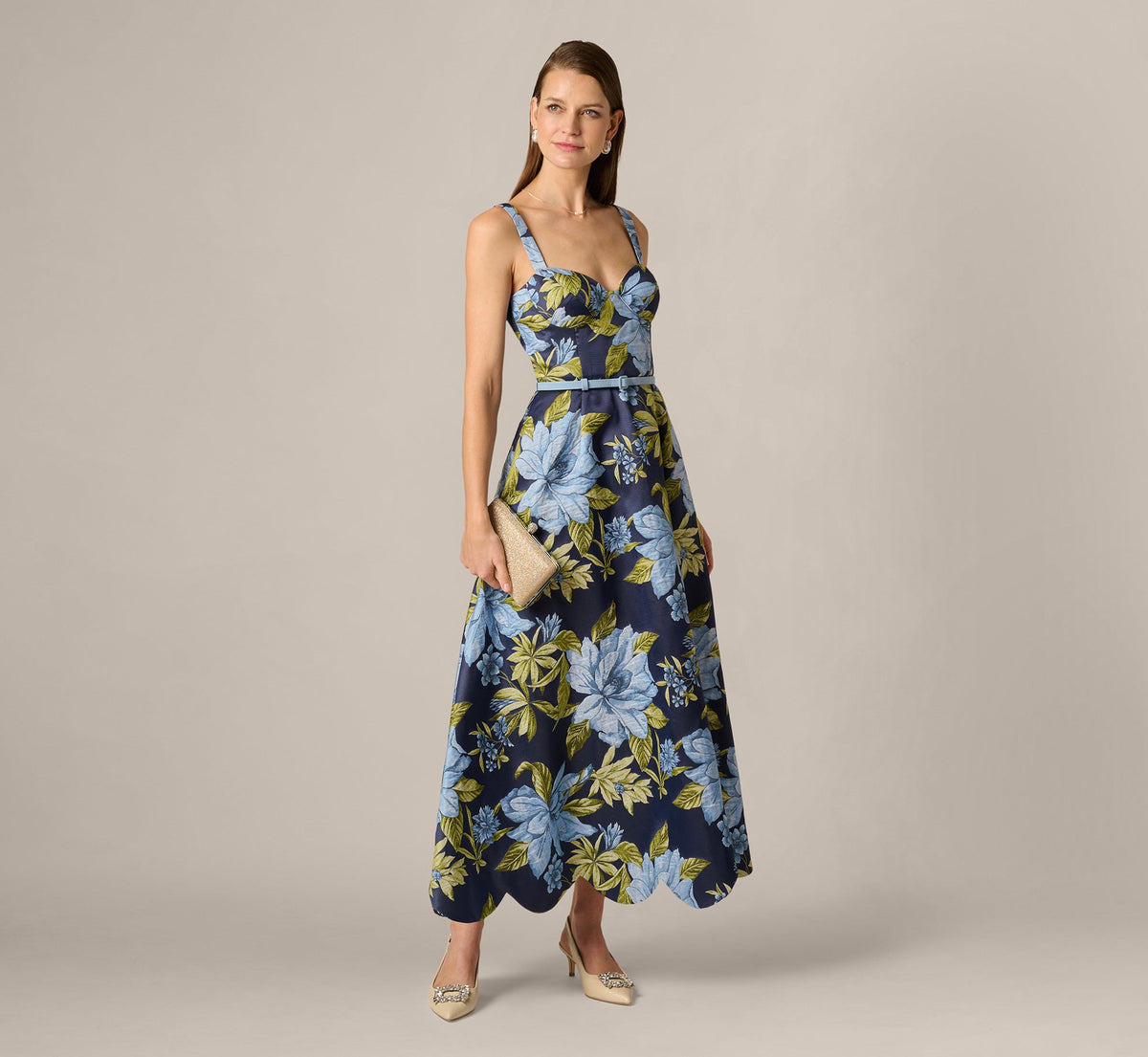 Floral Jacquard Sweetheart Scalloped Ankle Dress - Blue Multi | Adrianna Papell