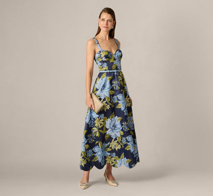 Floral Jacquard Sweetheart Scalloped Ankle Dress - Blue Multi | Adrianna Papell