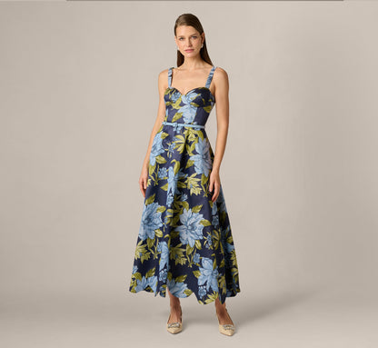 Floral Jacquard Sweetheart Scalloped Ankle Dress - Blue Multi | Adrianna Papell