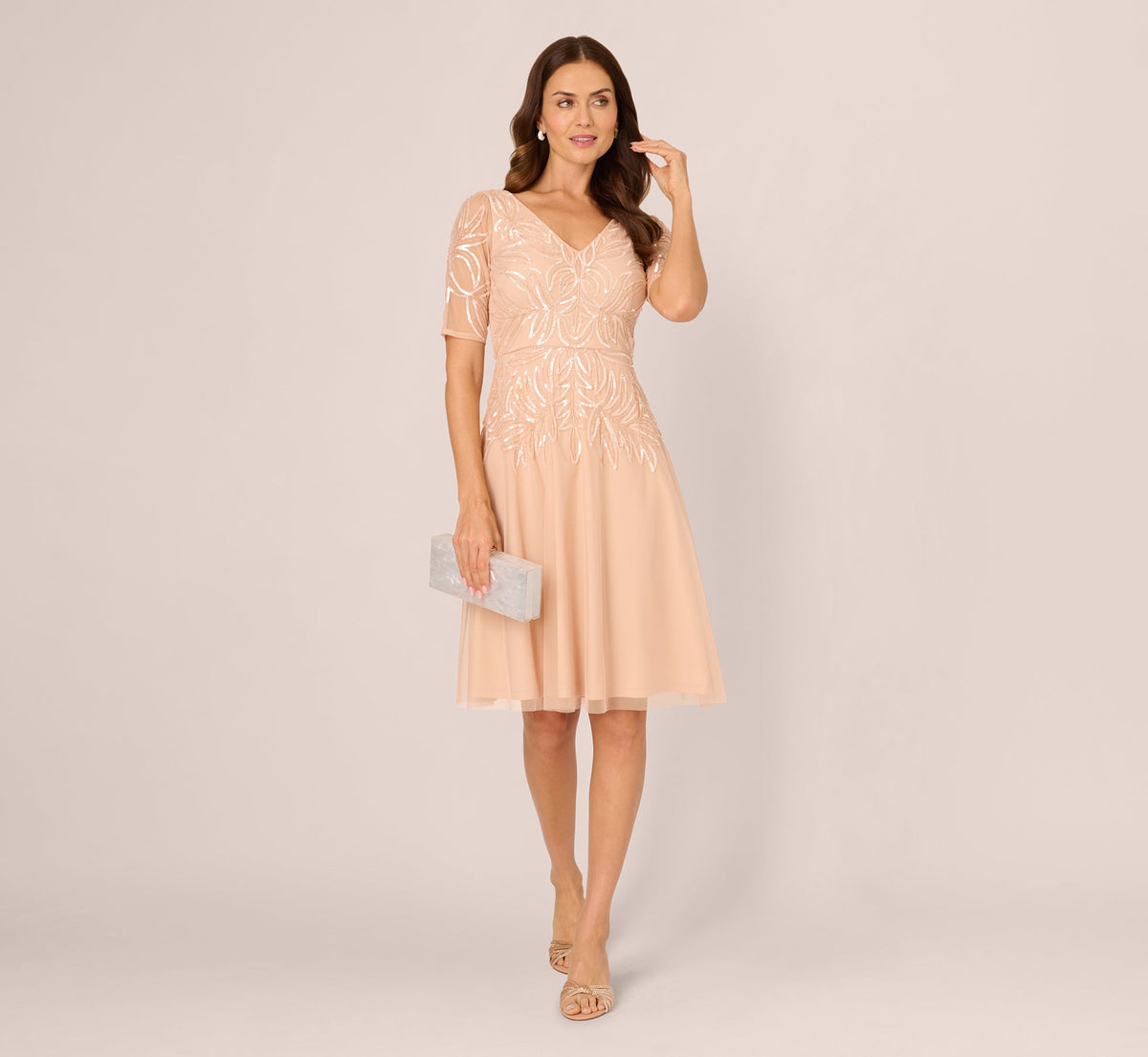 Short Sleeve Sequin Bead Midi Dress - Blush | Adrianna Papell