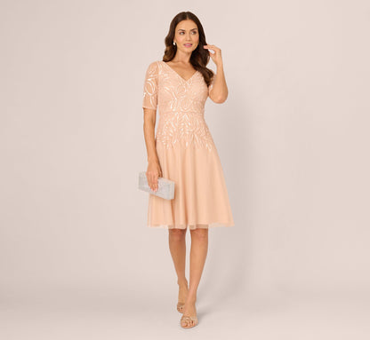 Short Sleeve Sequin Bead Midi Dress - Blush | Adrianna Papell