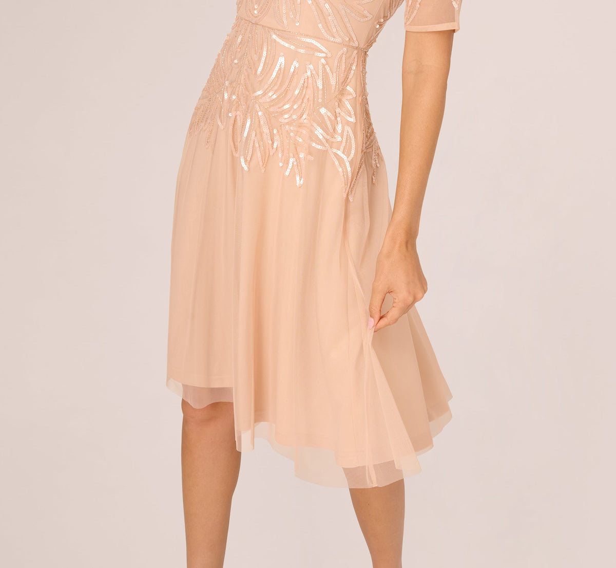 Short Sleeve Sequin Bead Midi Dress - Blush | Adrianna Papell