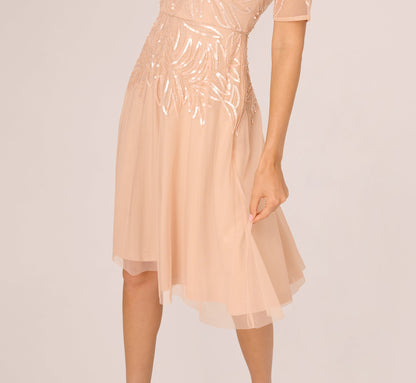 Short Sleeve Sequin Bead Midi Dress - Blush | Adrianna Papell