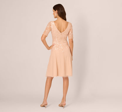 Short Sleeve Sequin Bead Midi Dress - Blush | Adrianna Papell