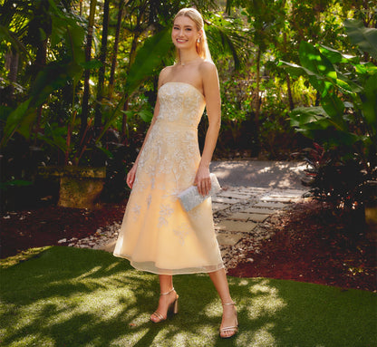 Strapless Floral Embroidered Organza Midi Dress - Maize | Adrianna Papell