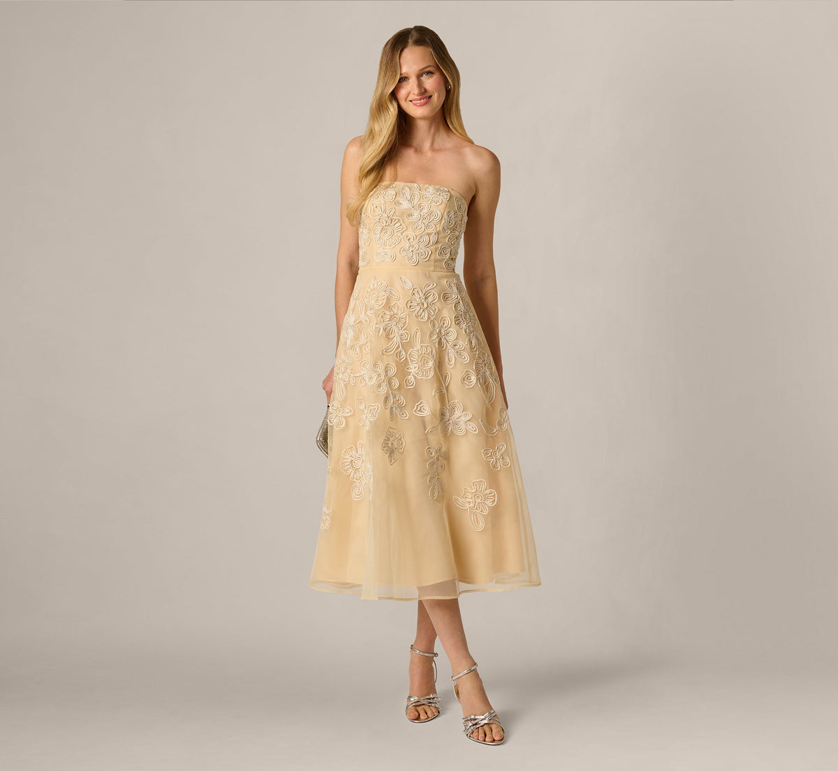 Strapless Floral Embroidered Organza Midi Dress - Maize | Adrianna Papell