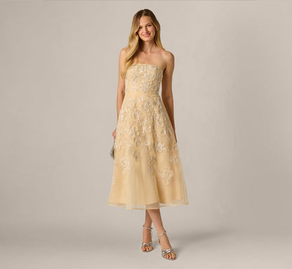 Strapless Floral Embroidered Organza Midi Dress - Maize | Adrianna Papell