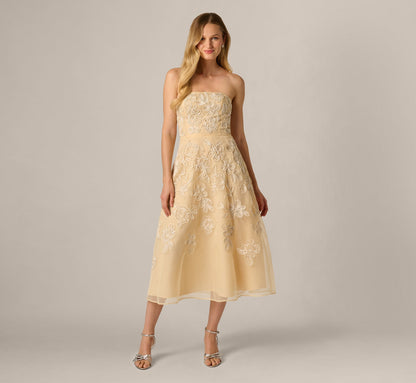 Strapless Floral Embroidered Organza Midi Dress - Maize | Adrianna Papell