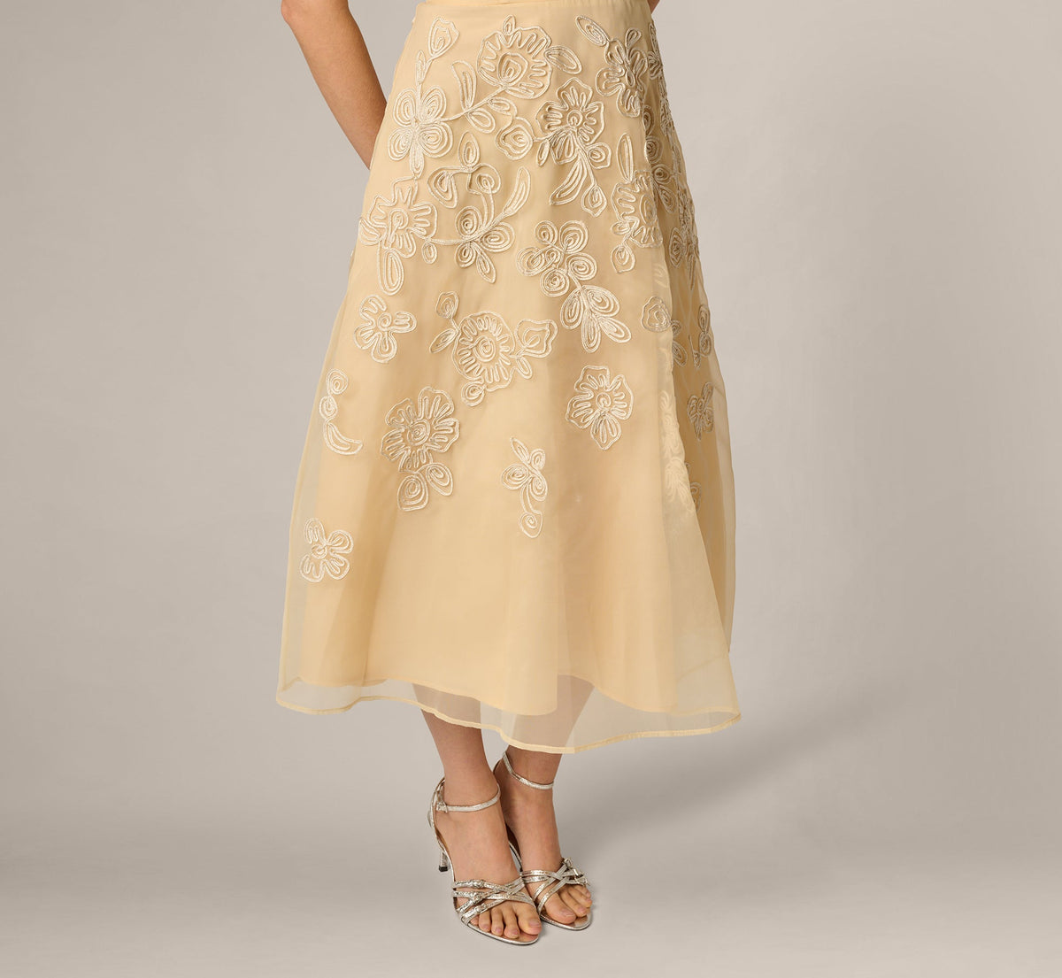 Strapless Floral Embroidered Organza Midi Dress - Maize | Adrianna Papell
