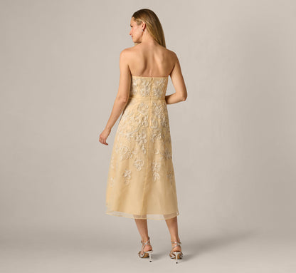 Strapless Floral Embroidered Organza Midi Dress - Maize | Adrianna Papell
