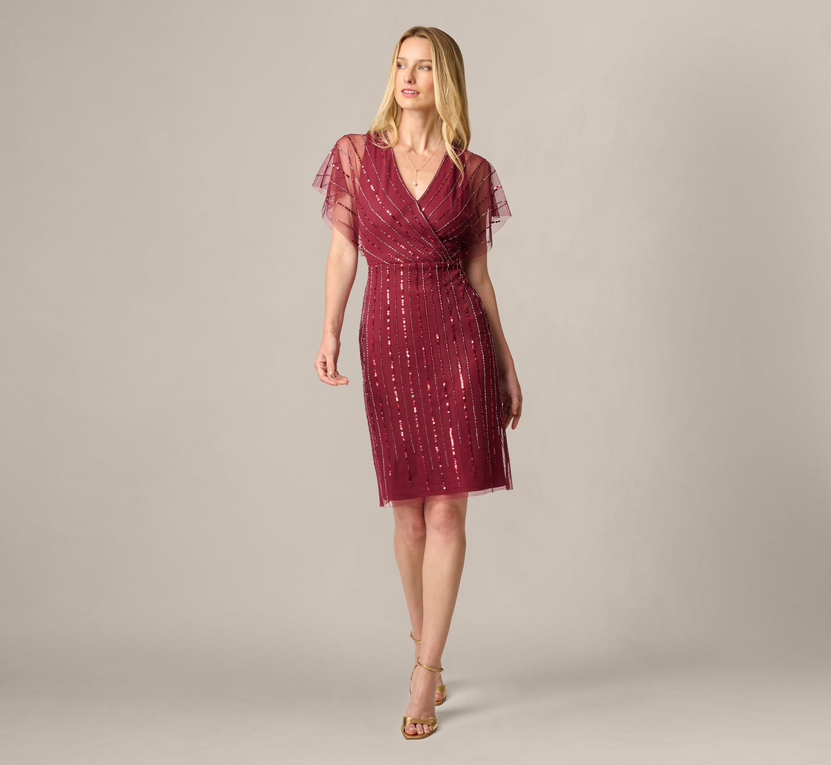 Surplice Bead Mesh Dress - Mahogany | Adrianna Papell