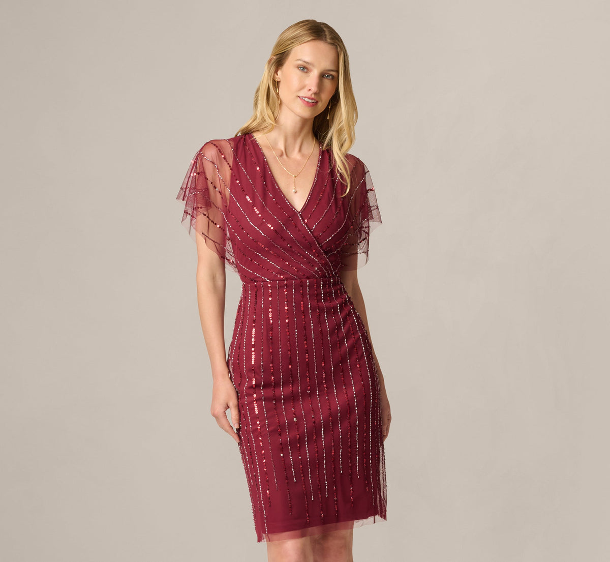 Surplice Bead Mesh Dress - Mahogany | Adrianna Papell