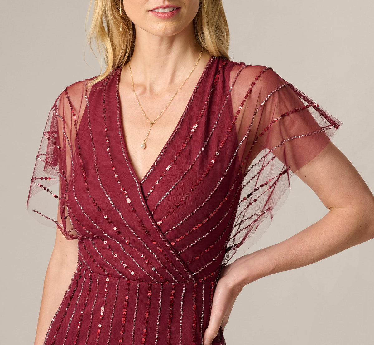 Surplice Bead Mesh Dress - Mahogany | Adrianna Papell