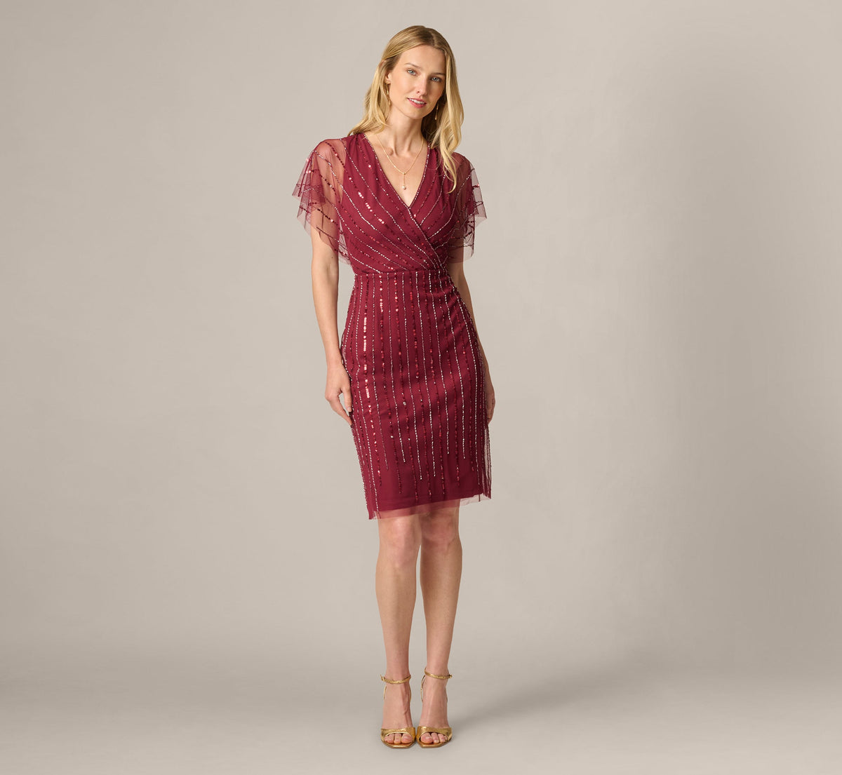 Surplice Bead Mesh Dress - Mahogany | Adrianna Papell
