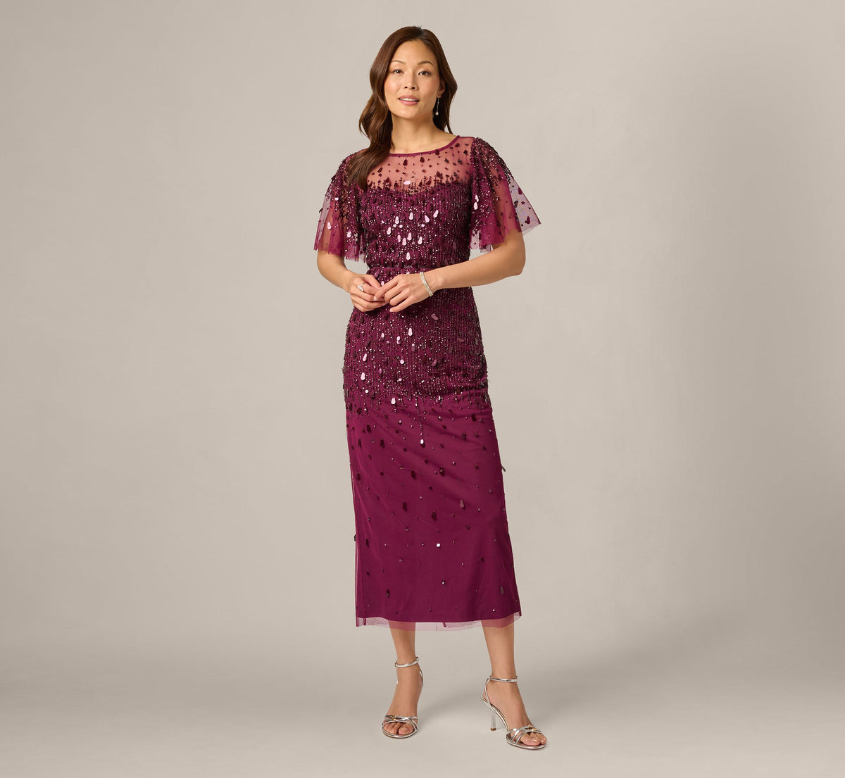 Flutter Sleeve Sequin Beaded Midi Dress - Bordeaux | Adrianna Papell