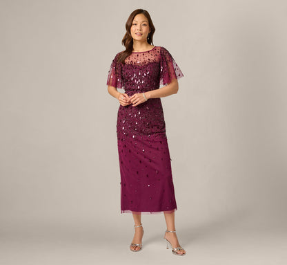 Flutter Sleeve Sequin Beaded Midi Dress - Bordeaux | Adrianna Papell