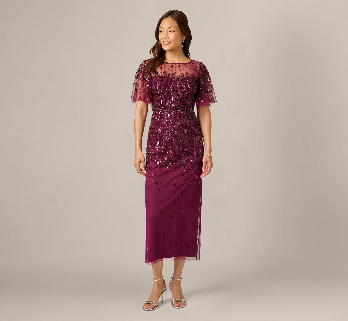 Flutter Sleeve Sequin Beaded Midi Dress - Bordeaux | Adrianna Papell