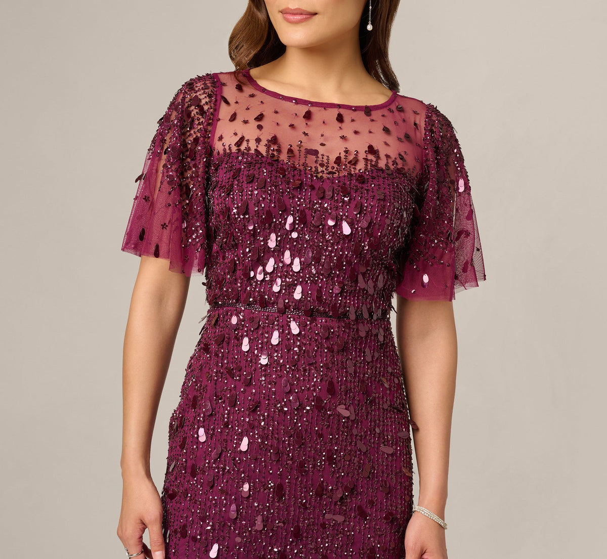 Flutter Sleeve Sequin Beaded Midi Dress - Bordeaux | Adrianna Papell