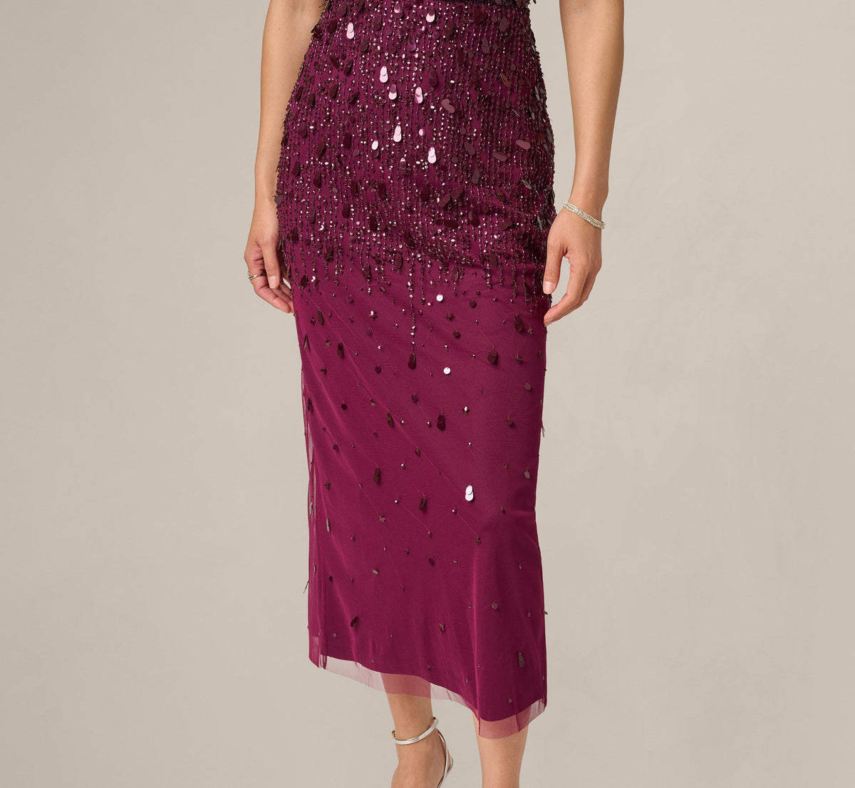 Flutter Sleeve Sequin Beaded Midi Dress - Bordeaux | Adrianna Papell