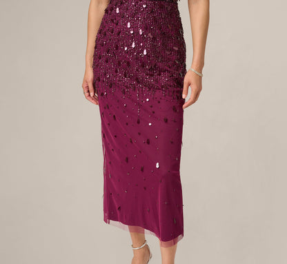 Flutter Sleeve Sequin Beaded Midi Dress - Bordeaux | Adrianna Papell