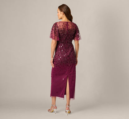 Flutter Sleeve Sequin Beaded Midi Dress - Bordeaux | Adrianna Papell