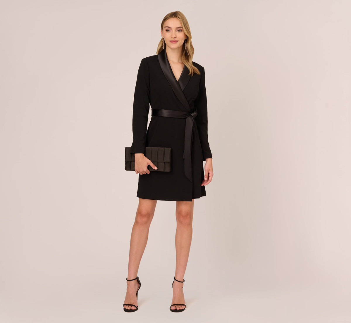 Long Sleeve Crepe Dress With Tuxedo Collar - Black | Adrianna Papell