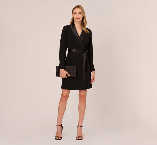 Long Sleeve Crepe Dress With Tuxedo Collar - Black | Adrianna Papell