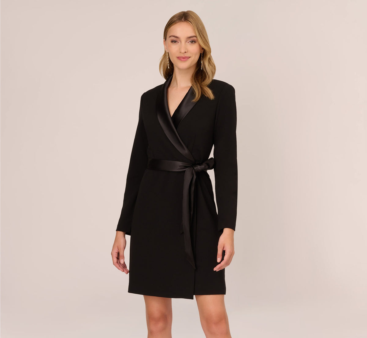 Long Sleeve Crepe Dress With Tuxedo Collar - Black | Adrianna Papell