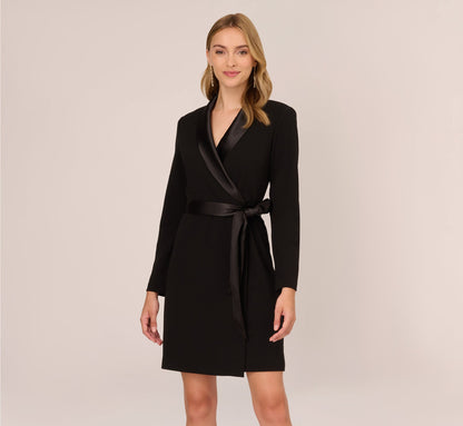 Long Sleeve Crepe Dress With Tuxedo Collar - Black | Adrianna Papell