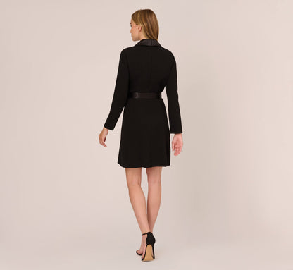 Long Sleeve Crepe Dress With Tuxedo Collar - Black | Adrianna Papell
