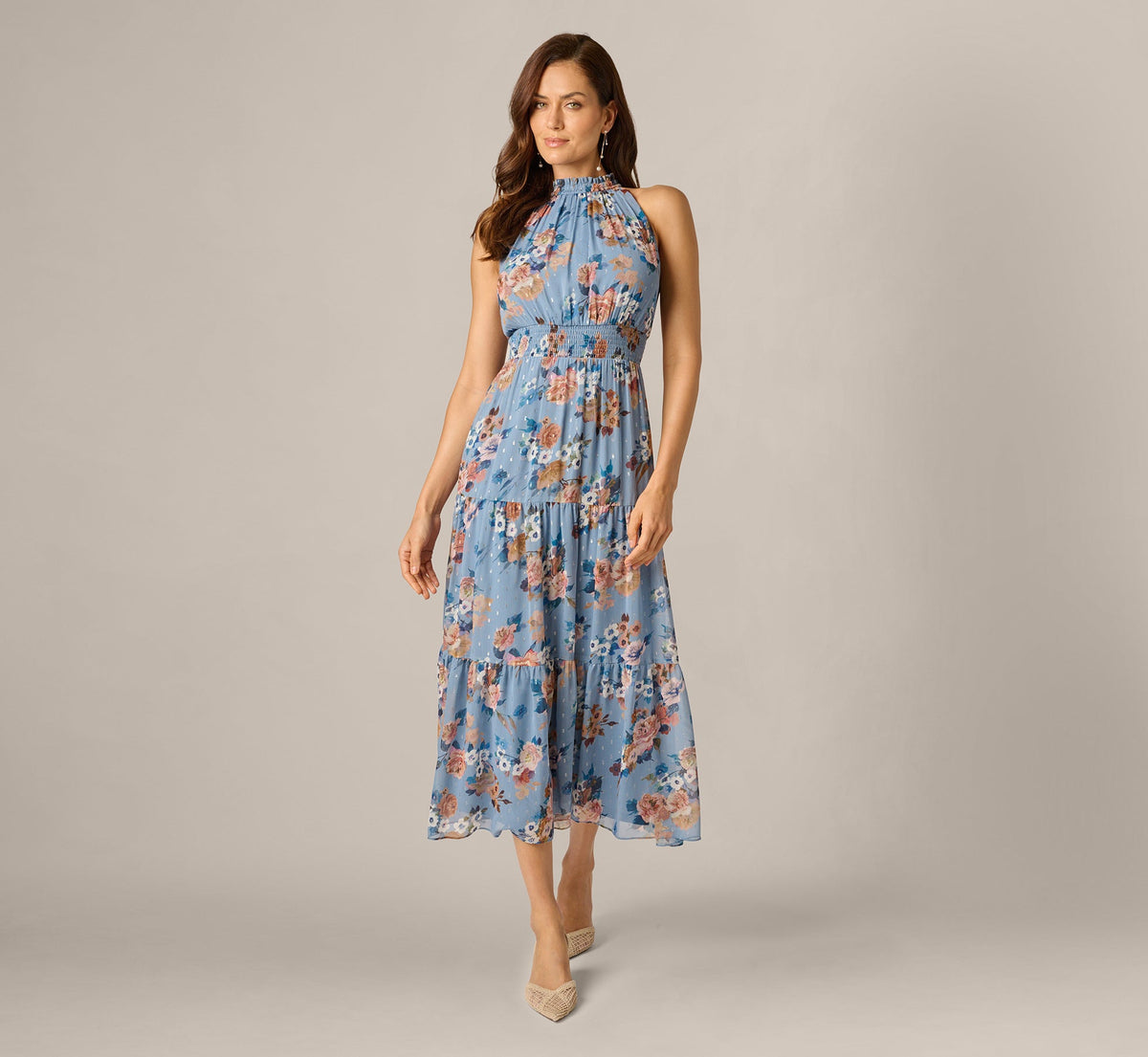 Floral Meta Chiffon Tiered Halter Midi Dress - Blue Multi | Adrianna Papell
