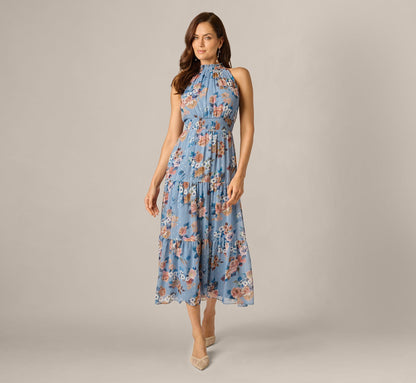 Floral Meta Chiffon Tiered Halter Midi Dress - Blue Multi | Adrianna Papell