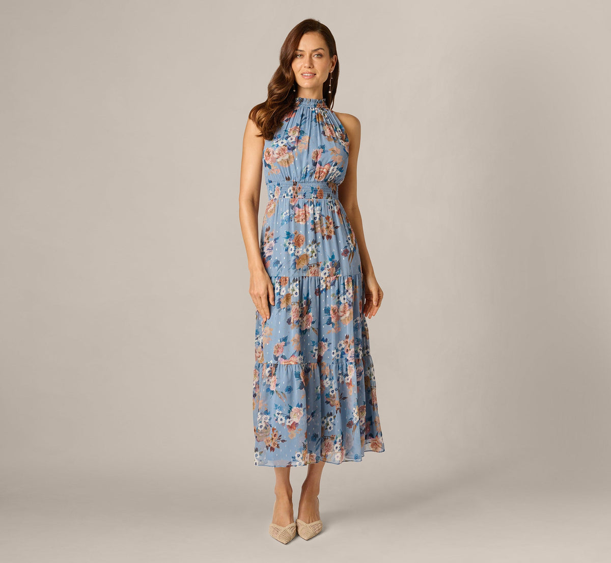 Floral Meta Chiffon Tiered Halter Midi Dress - Blue Multi | Adrianna Papell