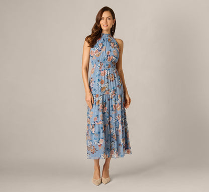 Floral Meta Chiffon Tiered Halter Midi Dress - Blue Multi | Adrianna Papell