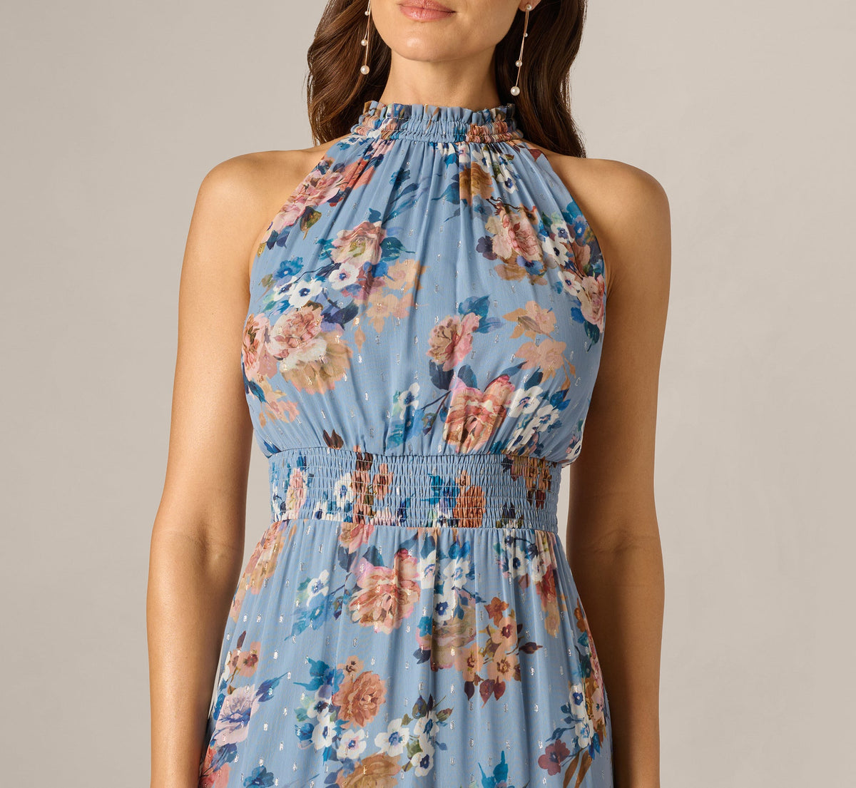 Floral Meta Chiffon Tiered Halter Midi Dress - Blue Multi | Adrianna Papell