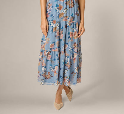 Floral Meta Chiffon Tiered Halter Midi Dress - Blue Multi | Adrianna Papell