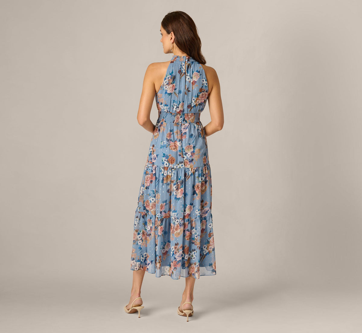 Floral Meta Chiffon Tiered Halter Midi Dress - Blue Multi | Adrianna Papell