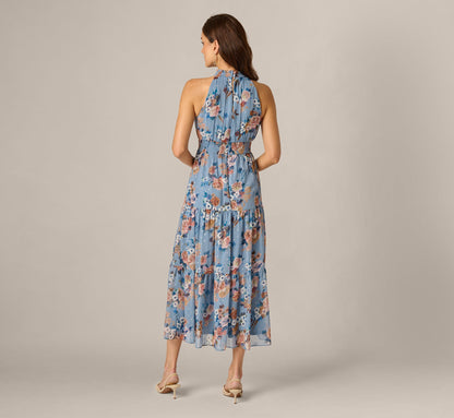 Floral Meta Chiffon Tiered Halter Midi Dress - Blue Multi | Adrianna Papell