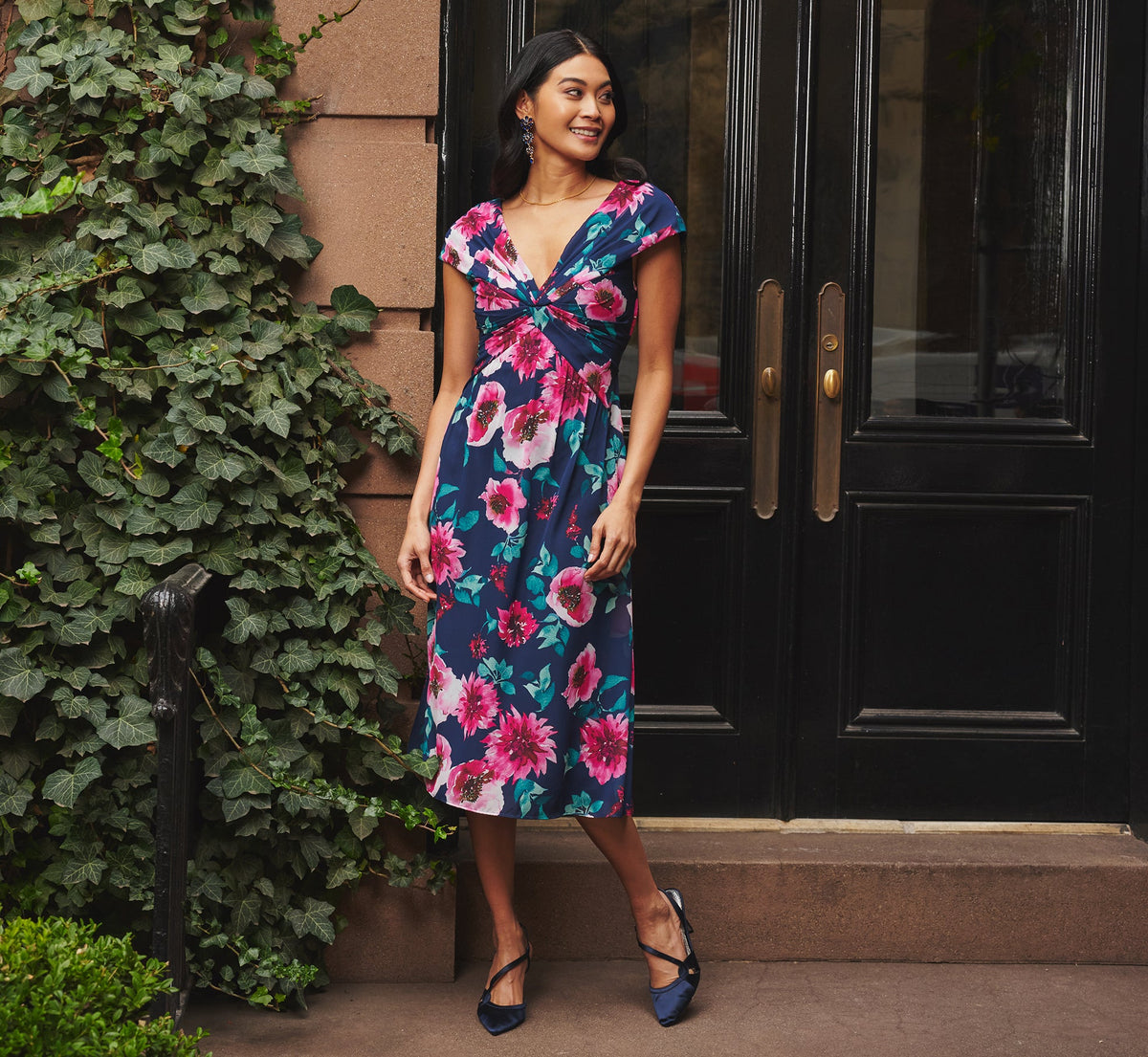 Cap Sleeve Floral Chiffon A Line Midi Dress - Navy Pink Multi | Adrianna Papell