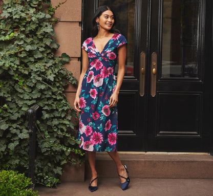 Cap Sleeve Floral Chiffon A Line Midi Dress - Navy Pink Multi | Adrianna Papell