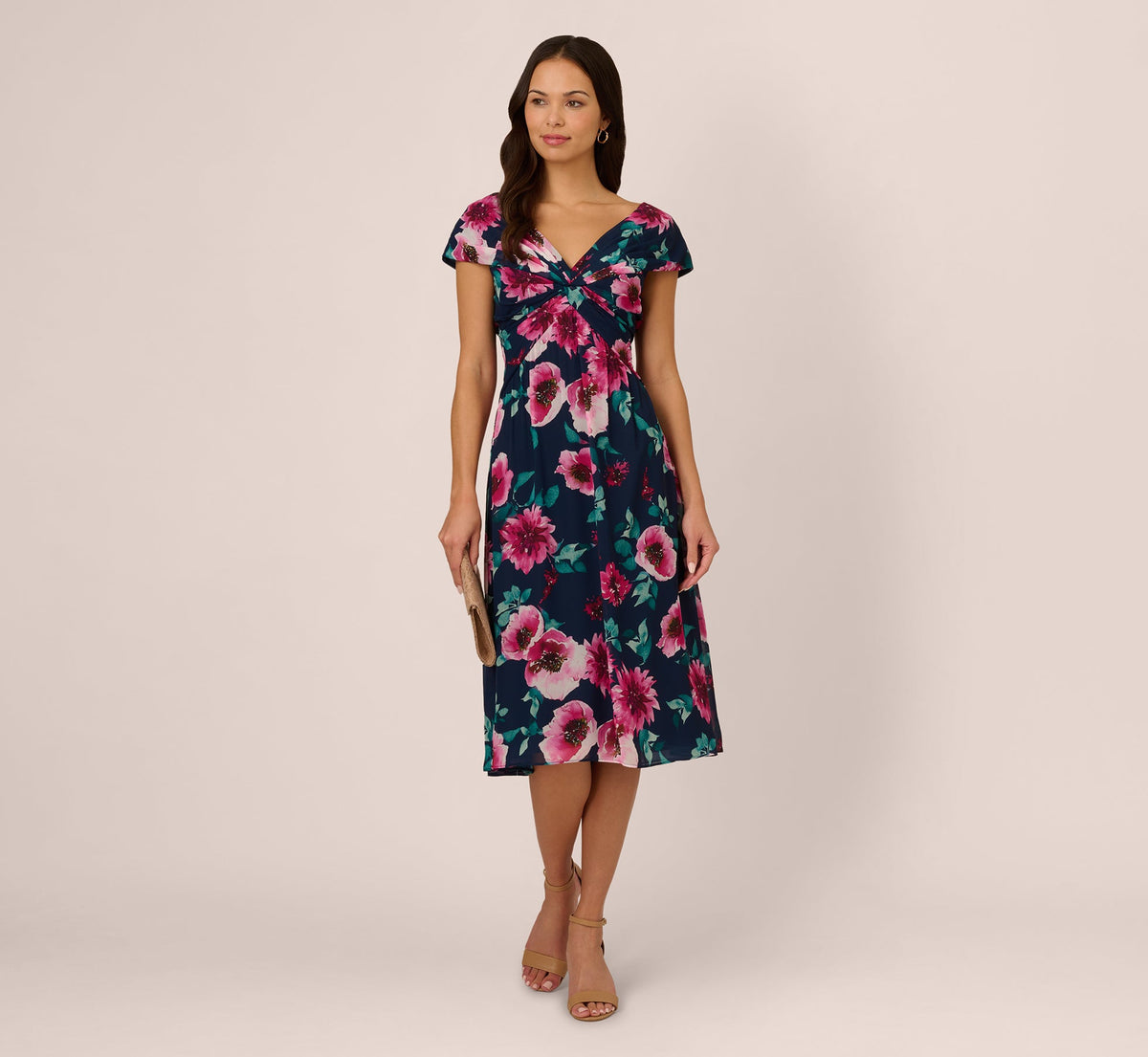 Cap Sleeve Floral Chiffon A Line Midi Dress - Navy Pink Multi | Adrianna Papell