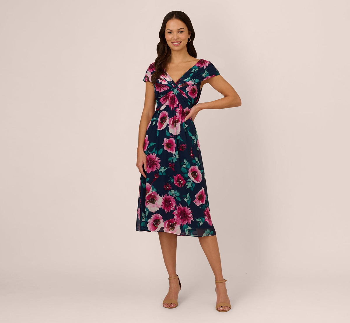 Cap Sleeve Floral Chiffon A Line Midi Dress - Navy Pink Multi | Adrianna Papell