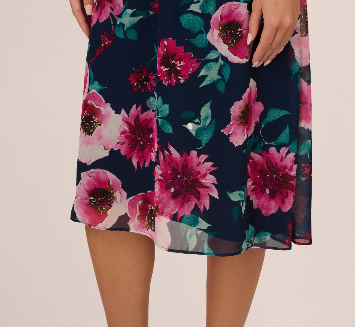 Cap Sleeve Floral Chiffon A Line Midi Dress - Navy Pink Multi | Adrianna Papell
