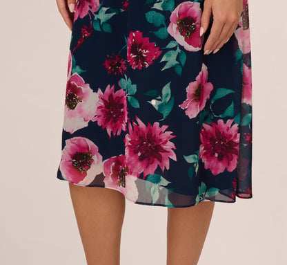 Cap Sleeve Floral Chiffon A Line Midi Dress - Navy Pink Multi | Adrianna Papell
