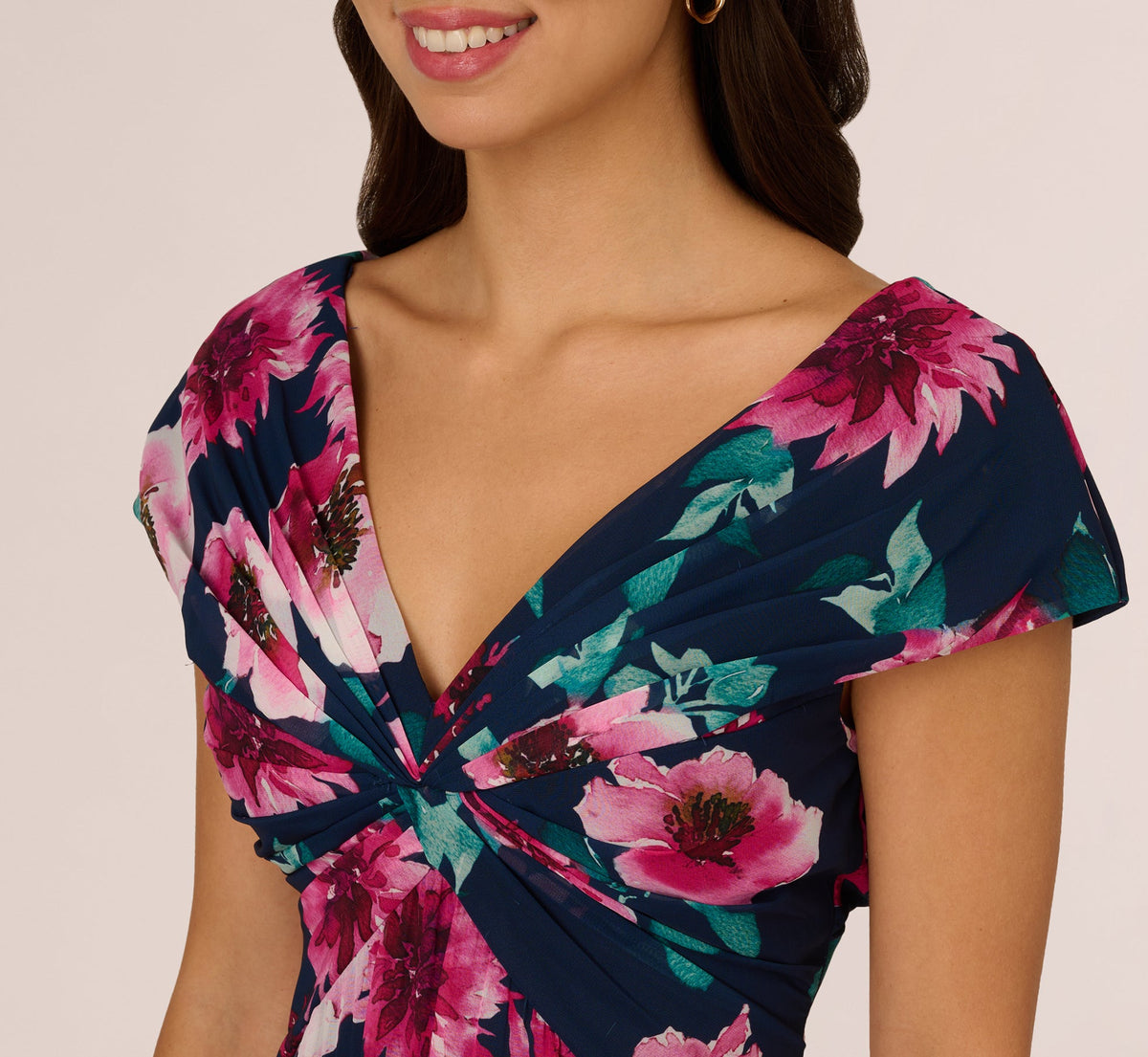 Cap Sleeve Floral Chiffon A Line Midi Dress - Navy Pink Multi | Adrianna Papell