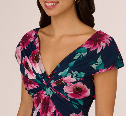 Cap Sleeve Floral Chiffon A Line Midi Dress - Navy Pink Multi | Adrianna Papell