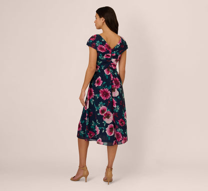 Cap Sleeve Floral Chiffon A Line Midi Dress - Navy Pink Multi | Adrianna Papell