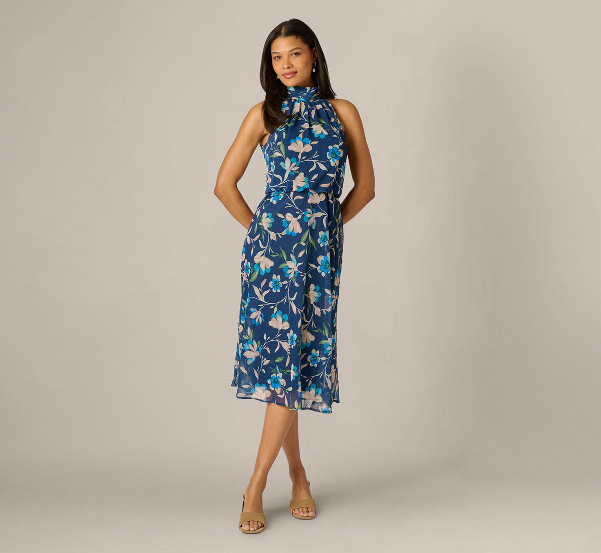 Floral Crinkle Chiffon Halter Midi Dress - Navy Multi | Adrianna Papell