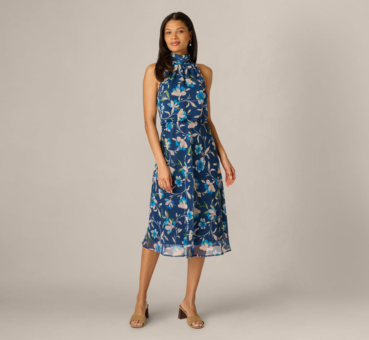 Floral Crinkle Chiffon Halter Midi Dress - Navy Multi | Adrianna Papell